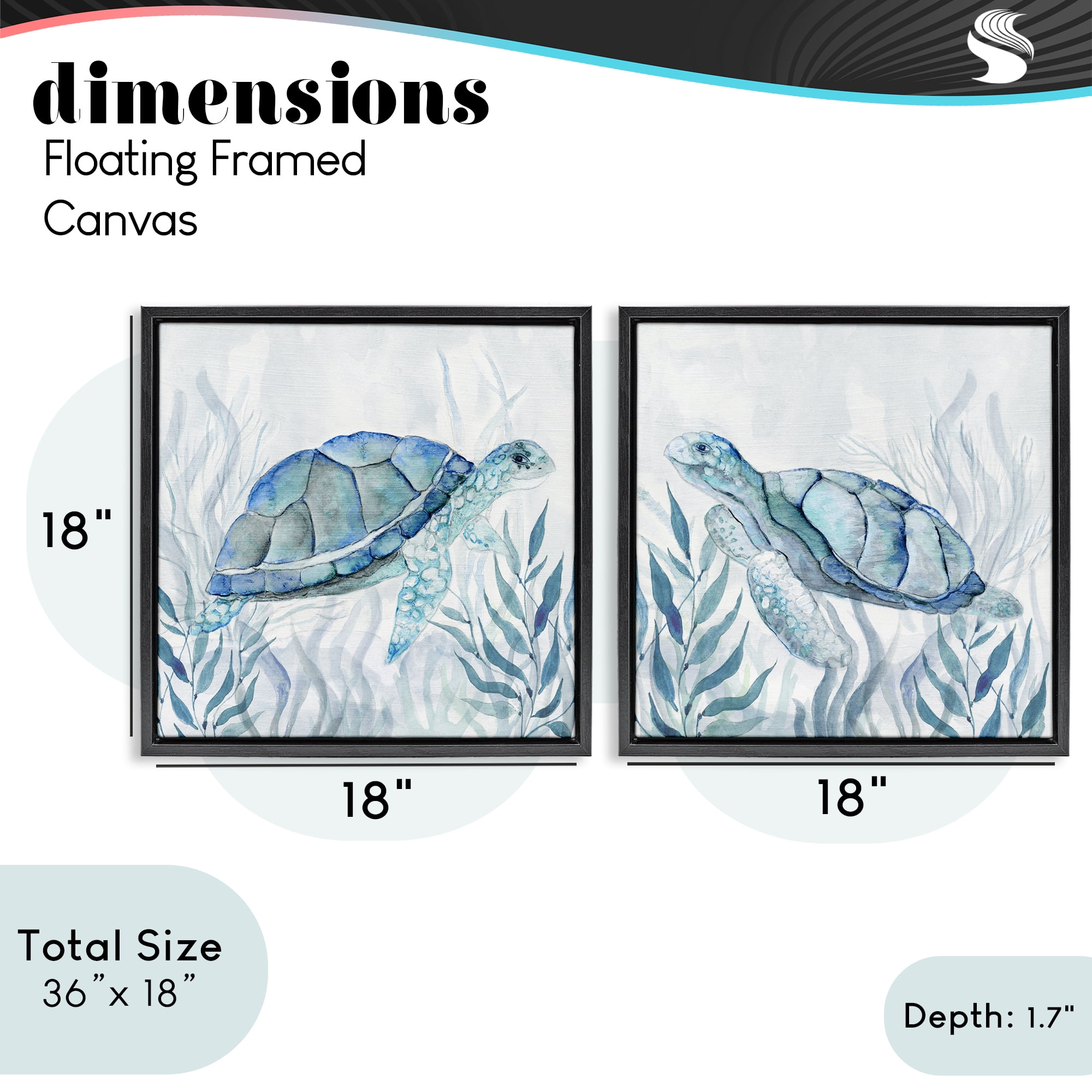 Stupell Industries Subtle Smiling Sea Turtles 2 Piece Black Framed Floater Canvas Set, design by Janet Tava