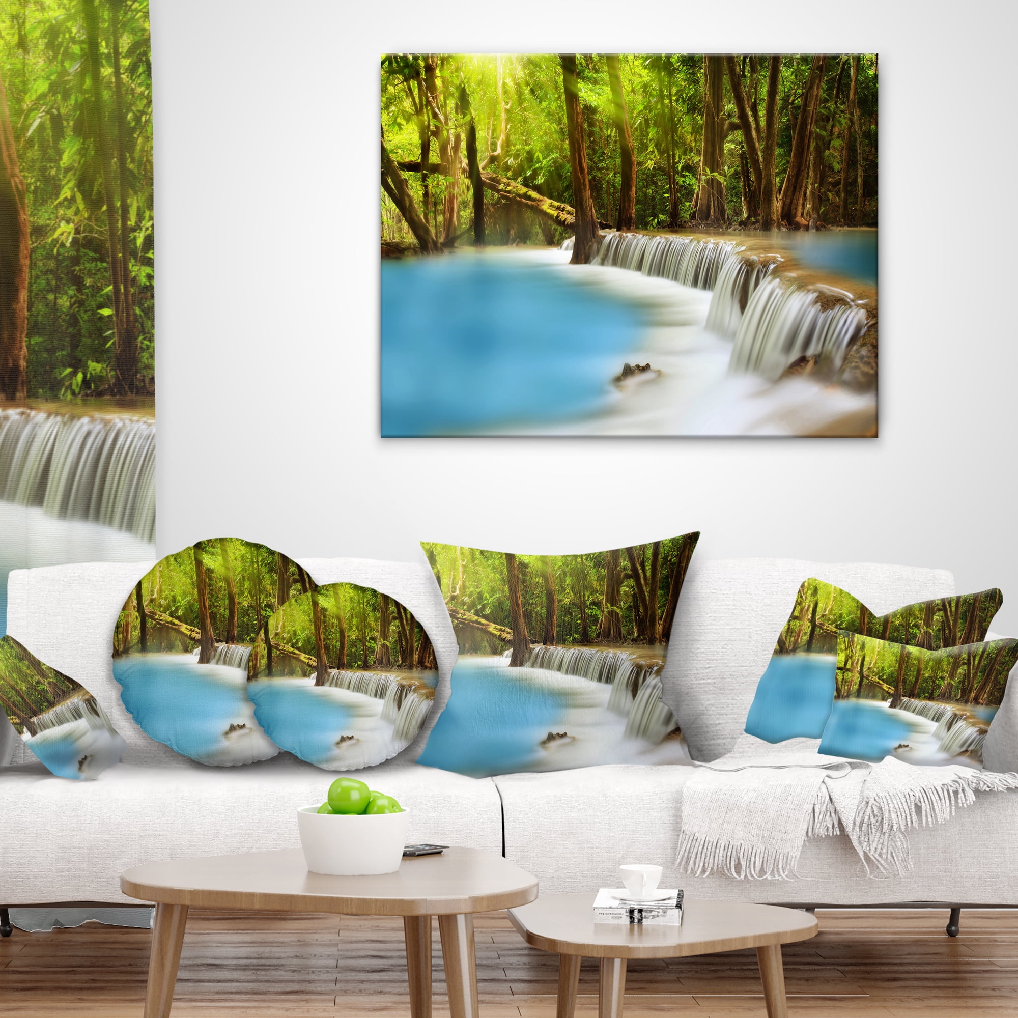 Designart Clam Huai Mae Kamin Waterfall - Landscape Printed Throw Pillow - 12x20