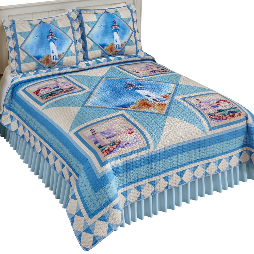 Collections Etc Nautical Blue Star Lighthouse Seaside Style Quilt BLUE