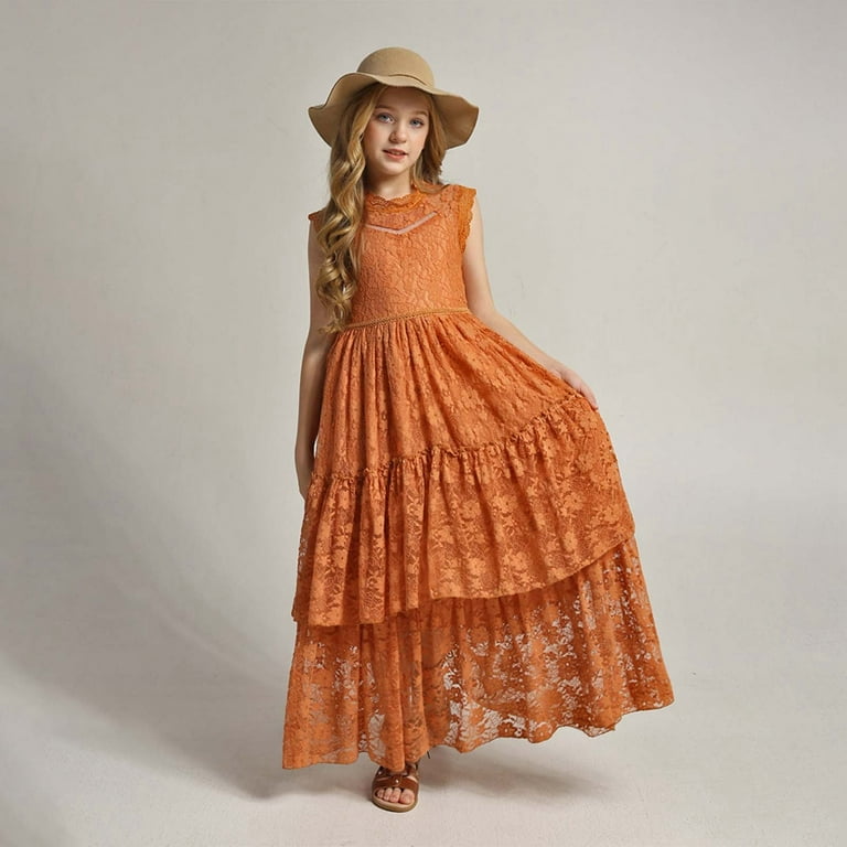 knee length dresses for ladies A Line V Neck Orange Lace Prom Dresses, Orange Lace Long Formal Gradua –  jbydress main image 1