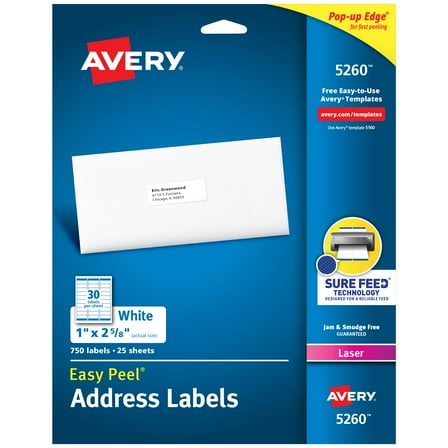 Avery Address Labels, 1" x 2-5/8", White, 750ct (5260)