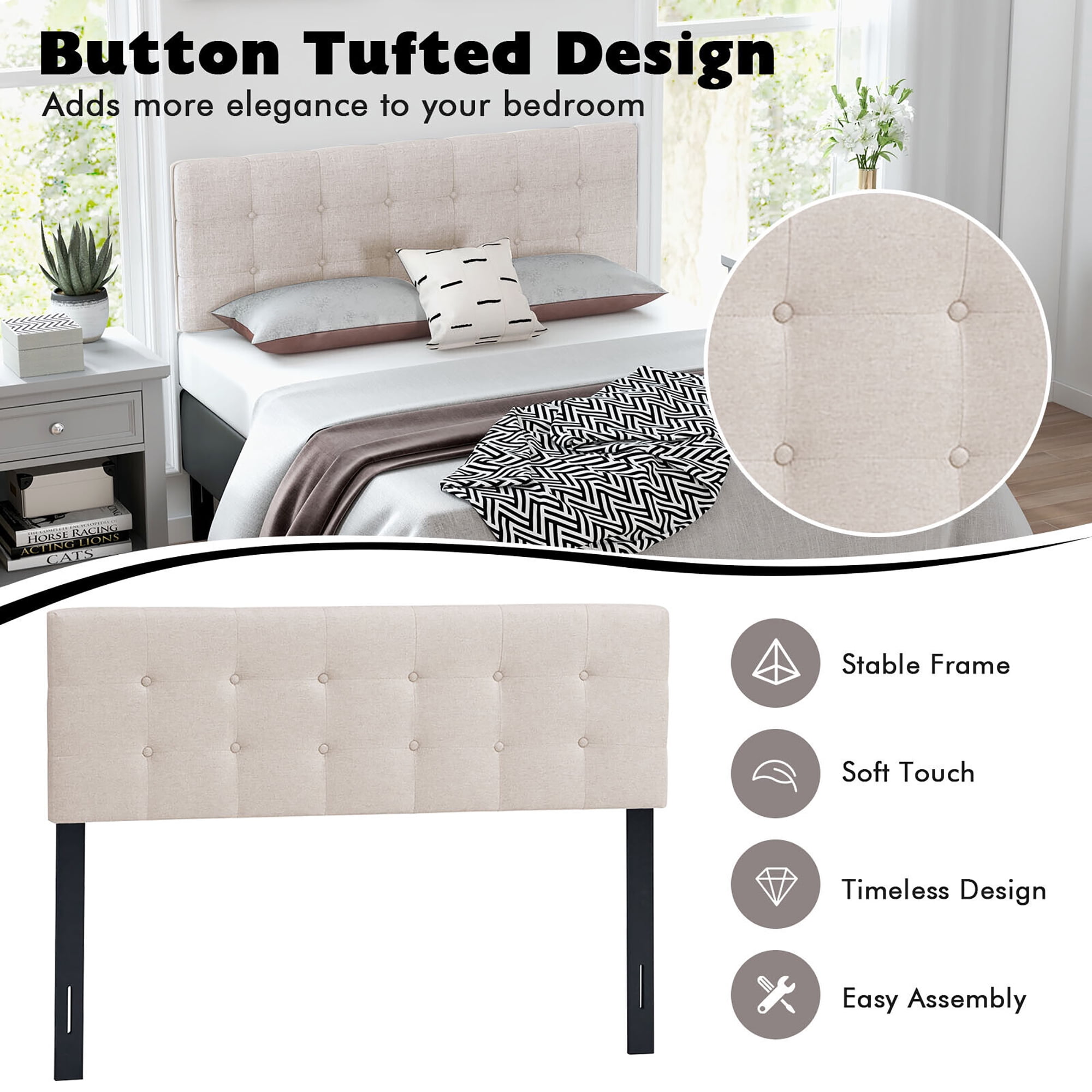 Gymax Full/Queen Size Headboard Linen Fabric Upholstered Button Tufted Solid Wood Leg