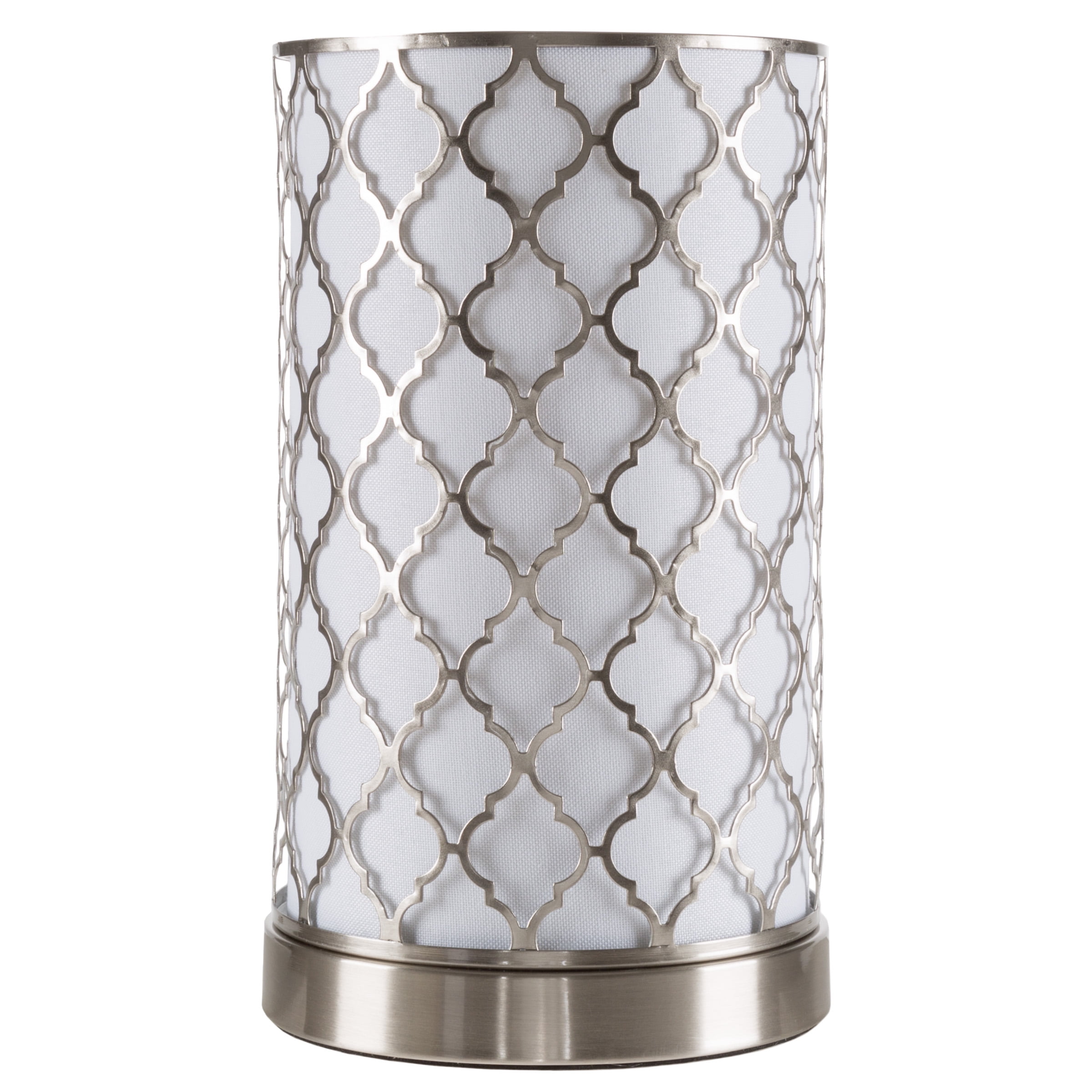 Lavish Home LED Uplight Table Lamp with Steel Finish, Fabric Overwrap, Laser Cut Quatrefoil Pattern
