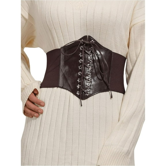 LinYooLi Women's Lace Up Leather Cinch Belt Elastic Waist Wide Waspie Corset Belt