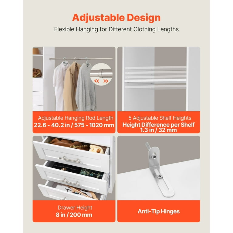 KFFKFF Adjustable Wooden Closet System with 3 Drawers