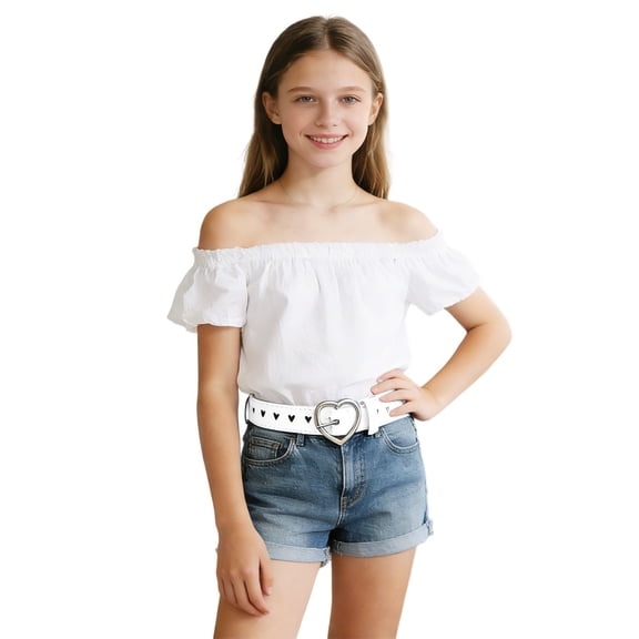 AJGRHE Girls Belt Size 6-12 Kids PU Leather Waist Belt Hollow Heart Design Metal Buckle for Girl Dress Pants Jeans White One Size