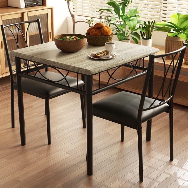 Kojooin 3-Piece Dining Table Set for 2, Square Space-Saving Kitchen Table & 2 Upholstered Chairs for 2, Compact Apartment Kitchen & Dining Room Set Furniture for Small Spaces