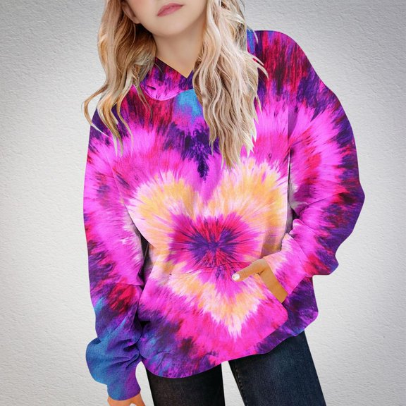 Bnwani Hoodies Girls Crew Neck Long Sleeve Pockets Short Sweatshirt Hearts Tie-Dye Graphic Printed Tops Pullover