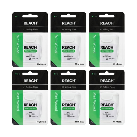 Hilo dental Reach con menta, encerado, 6 paquetes de 55 yd
