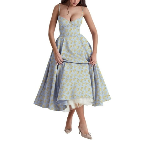 Zhensanguo Plus Size Formal Dresses for Women 2025 Prom Casual Dress Vintage A-Line Cocktail Dress Corset Midi Dresses with Pockets Blue L