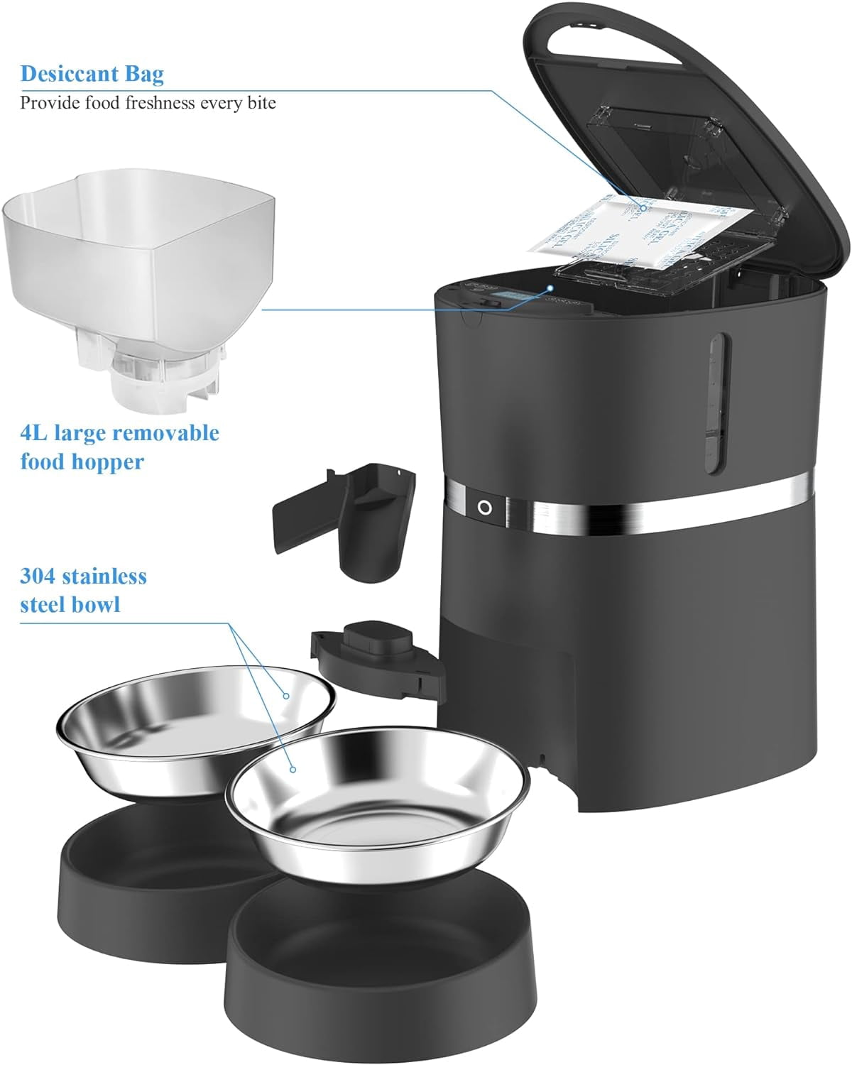 Automatic Cat Feeder, WellToBe Pet Feeder Food Dispenser for Cat & Small Dog with Two-Way Splitter and Double Bowls, up to 6 Meals with Portion Control, Voice Recorder - Battery and Plug-in Power