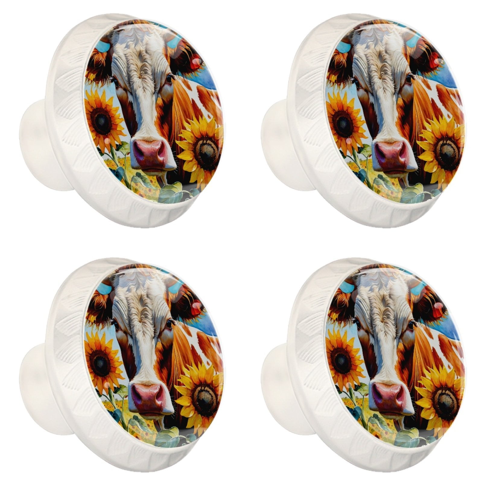 4 Pcs Cow and Sunflower Knobs for Kitchen Cabinet Cupboard Dresser Bookcase Drawer Pulls Handles Round Home Decor