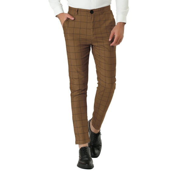 INSPIRE CHIC Men's Plaid Slim Fit Flat Front Dress Pants with Pockets 32 Brown