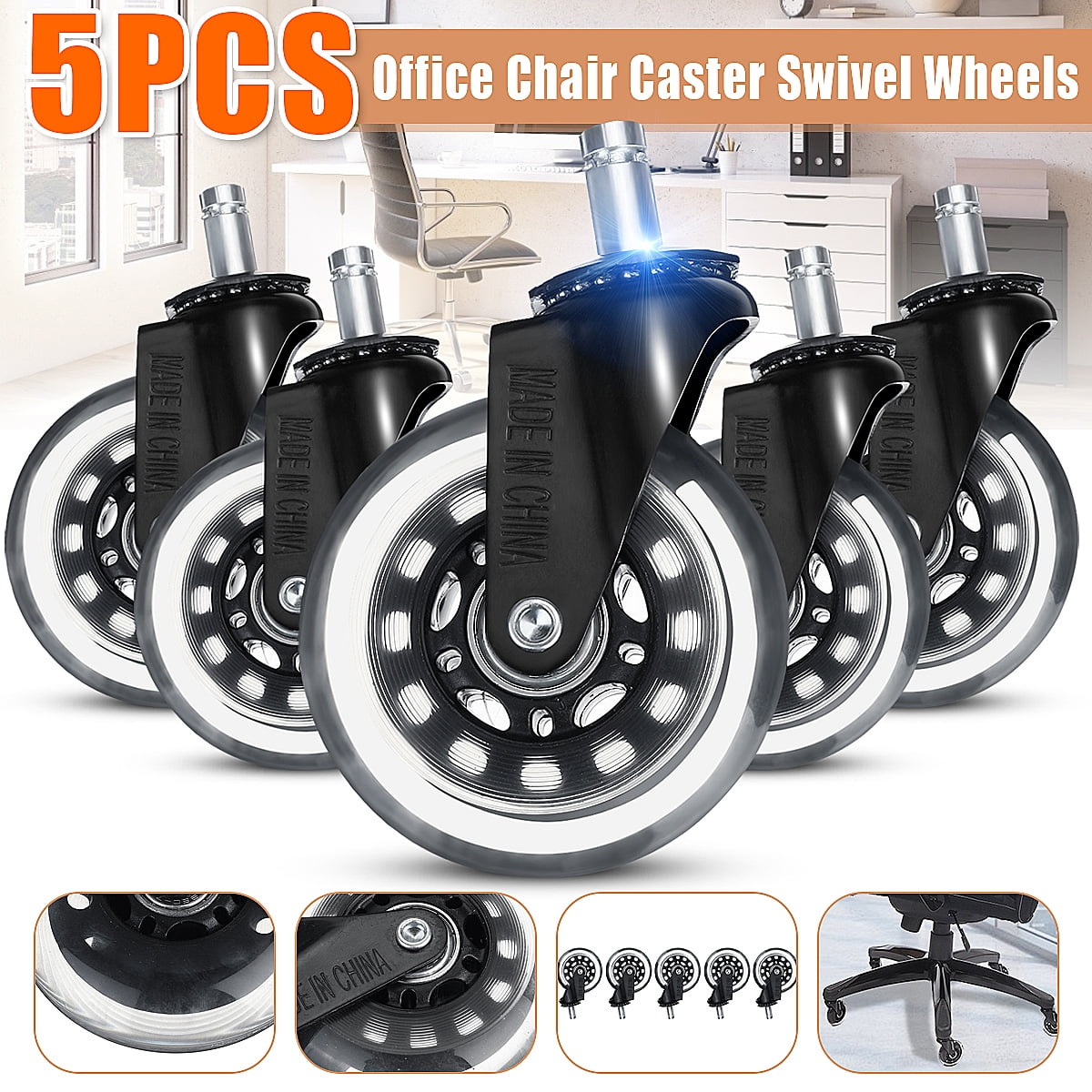 5 Pack 3'' Heavy Duty Caster Rubber Swivel Wheel Roller Office Chair Replacement 