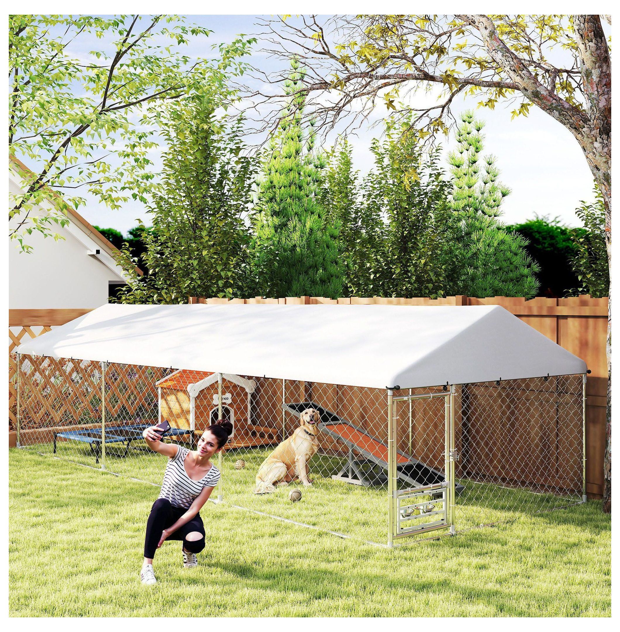 Outdoor Dog Kennel Large, 19.7' x 7.5' x 5.2' Dog Run with Roof, Adjustable Bowl Rack, Waterproof Cover & Secure Lock