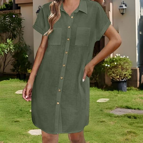 WILLBEST Vestido Camisero Largo De Lino Con Botones Y Mangas