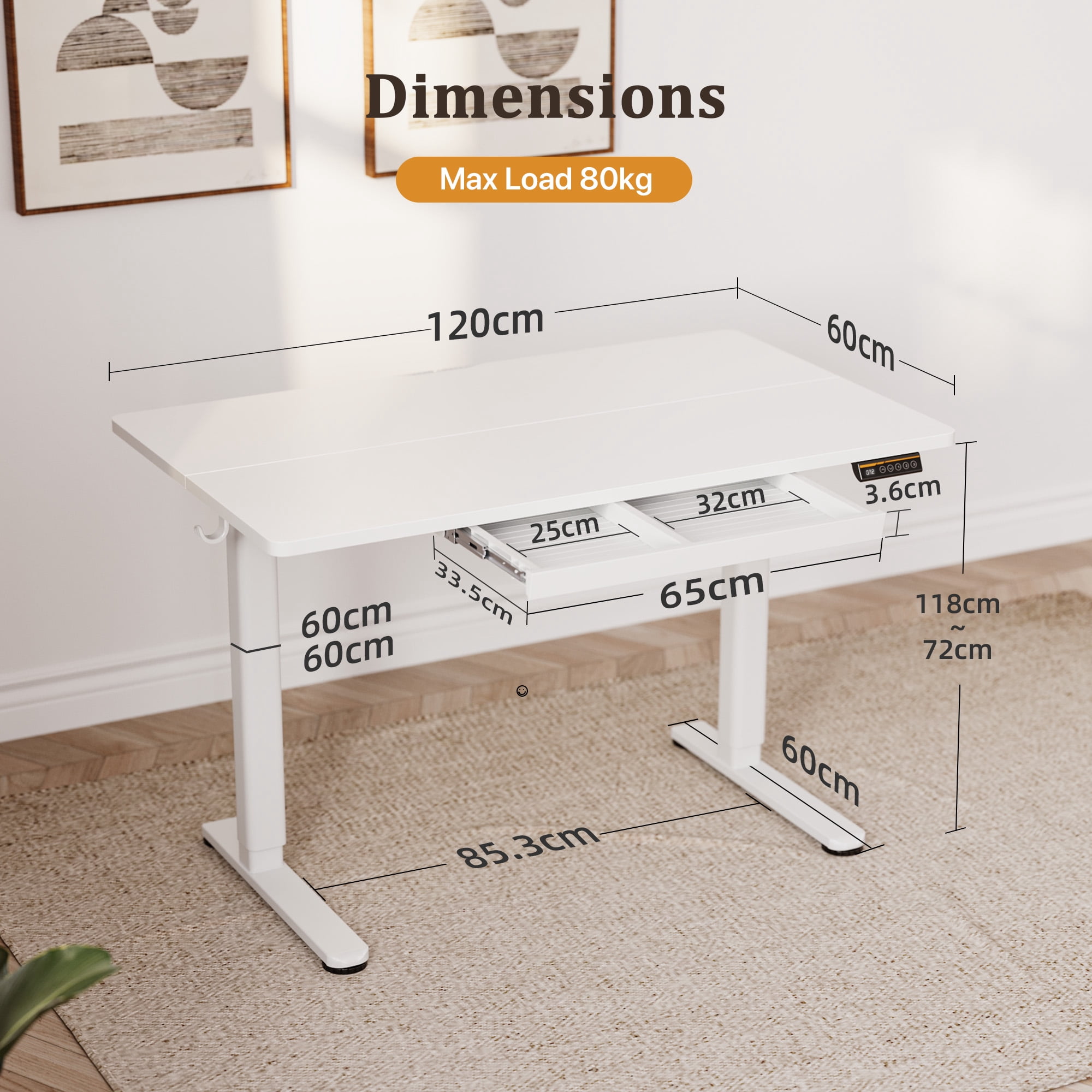 INNOVAR Standing Desk with 1 Drawer, 48 inch Electric Rising Stand up Work Desk, White Small Adjustable Height Sit to Stand Computer Study Desk Suitable for Home Office