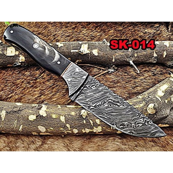 9.25" Long hand forged Damascus steel full tang drop point blade skinning Knife, Buffalo Horn scale with Damascus Bolster Cow Leather sheath