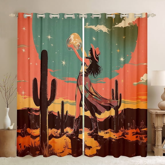 Feelyou Hippie Princess Teens Black Out Curtains, Vintage Western Cactus Plant Curtains Pack of 2 (42x63 Each), Kawaii Cowgirl Cowboy Bedroom Curtains, Black Out Curtains Decor