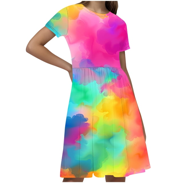 RXIRUCGD 2025 Vêtements d'Été pour Enfants Robe à Manches Courtes Imprimée Extensible Robe Trapèze