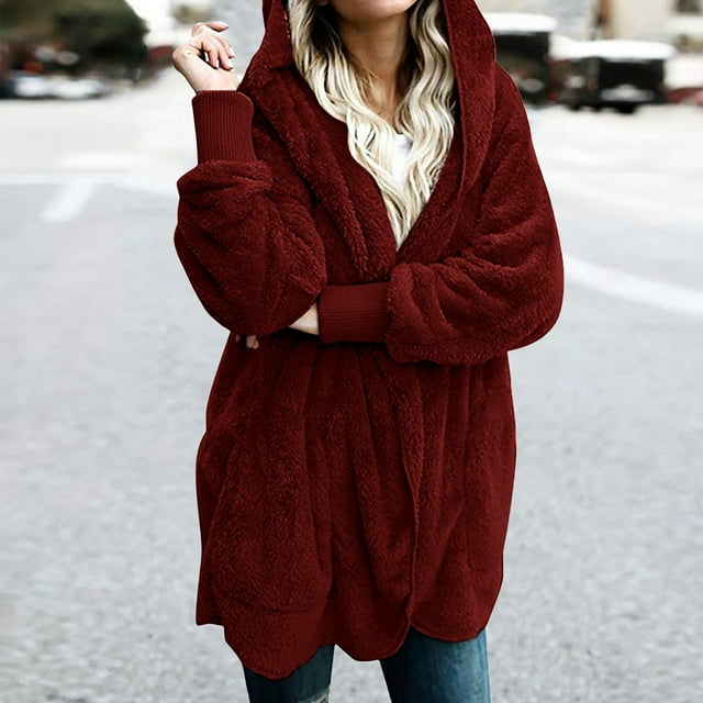 LSLJS Womens Fuzzy Fleece Jacket Oversized Open Front Hooded Cardigan Coats Outwear with Pockets