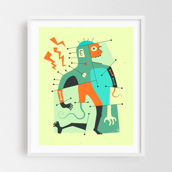 Frankenstein - Digital Art Surrealism Modern Art Geometric Illustration Pop Art Anatomy Whimsical White Framed Wall Art Print 16 x 20 inches