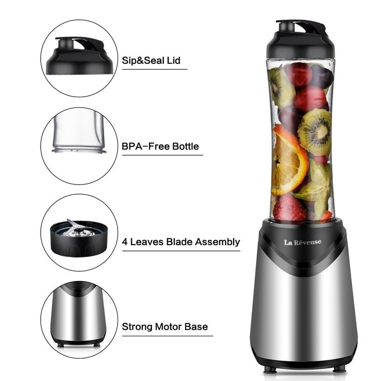 La Reveuse Smoothies Blender Personal Size 300 Watts with 18 oz BPA-Free  Portable Travel Sports Bottle (Silver)