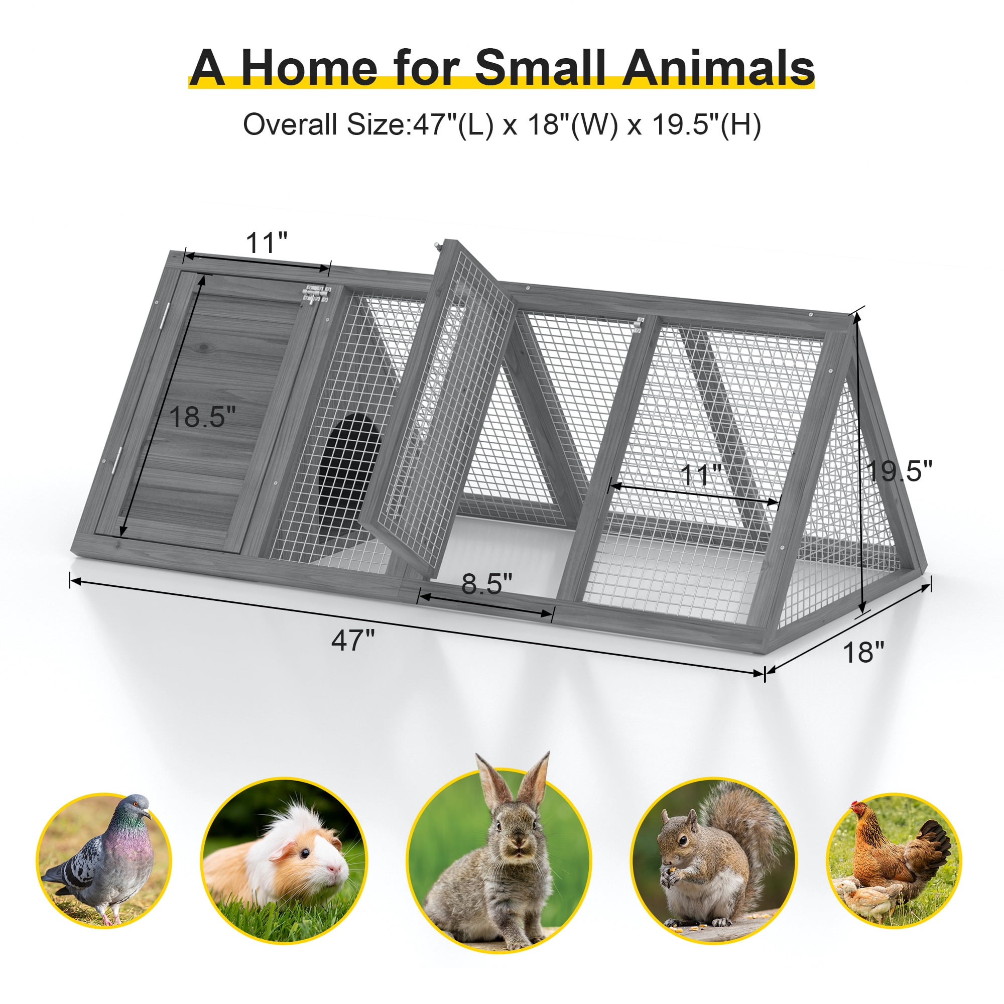 Rabbit Hutch Outdoor Small Chicken Coop Wooden Triangle Cage w/ Run and Ventilated Wire Mesh for Quail Reptile Small Animal