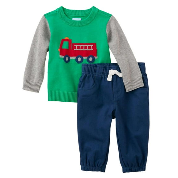 Childrens Place Infant Boys Outfit Green Fire Truck Sweater Blue Pants Set 0-3m