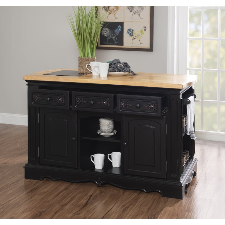 Linon Pennfield Kitchen Island Natural Top Ample Storage in Black