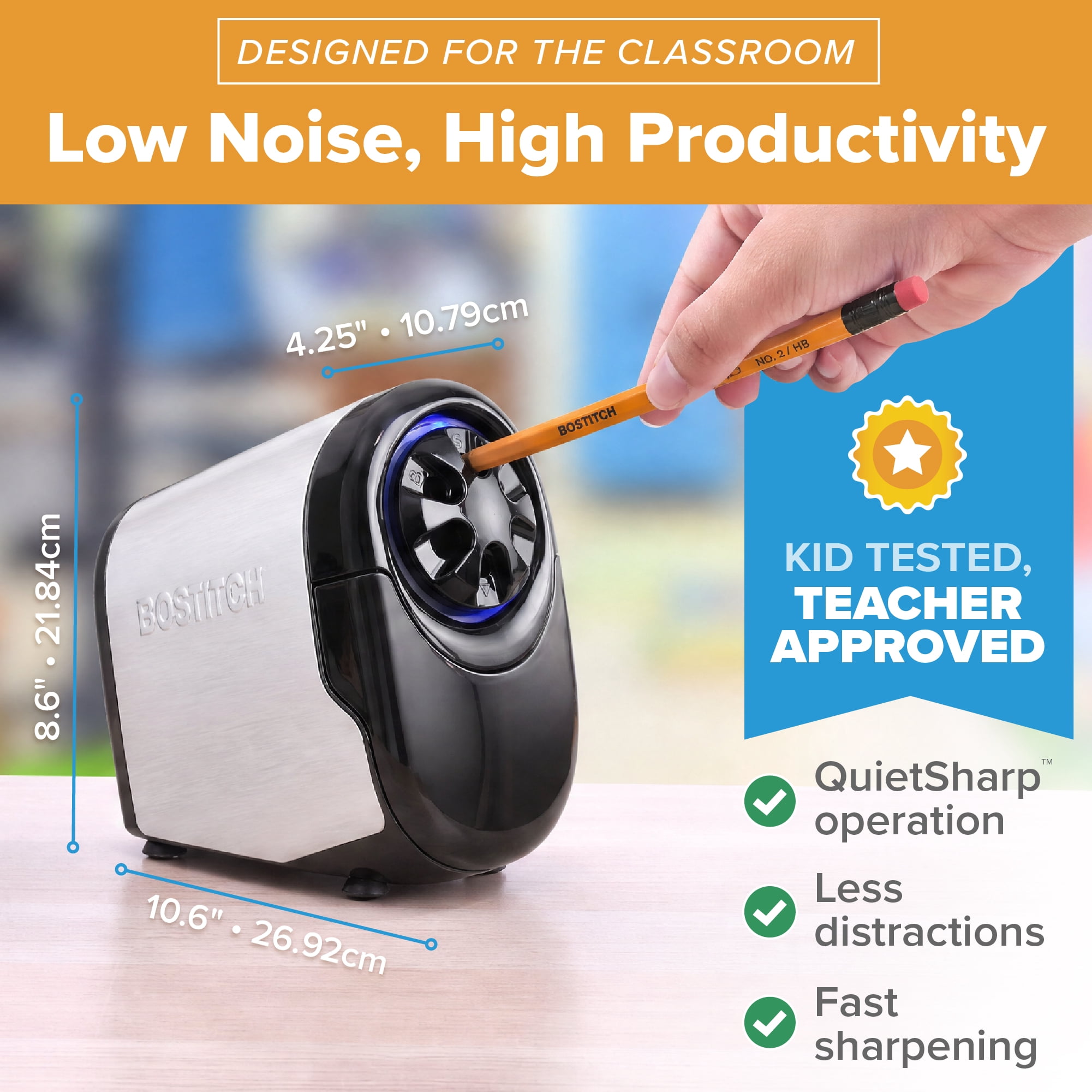 Bostitch Antimicrobial Quietsharp Heavy Duty Classroom Electric Pencil Sharpener