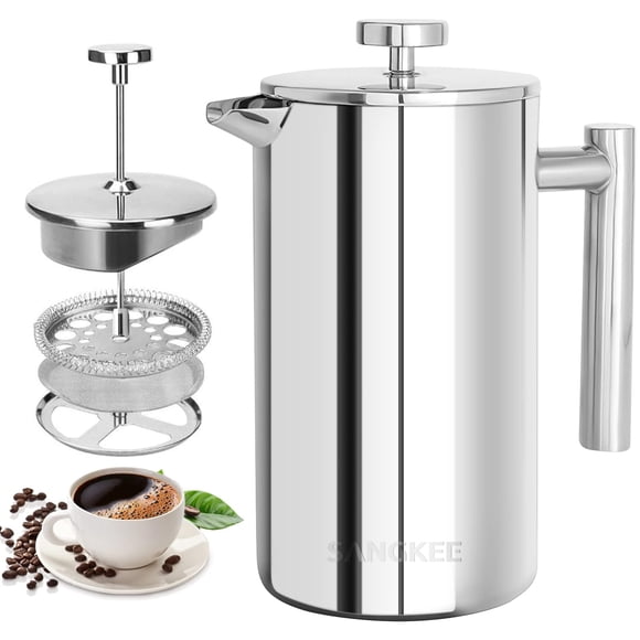 SANGKEE Cafetera Prensa Francesa de Acero Inoxidable de Doble Pared 1300mL Cafetera y tetera Cafetera de Émbolo Hacer Café y Té Mejor (1300mL)