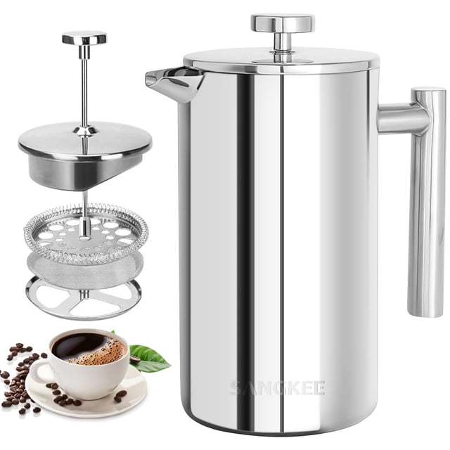 SANGKEE Cafetera Prensa Francesa de Acero Inoxidable de Doble Pared 1300mL Cafetera y tetera Cafetera de Émbolo Hacer Café y Té Mejor (1300mL)