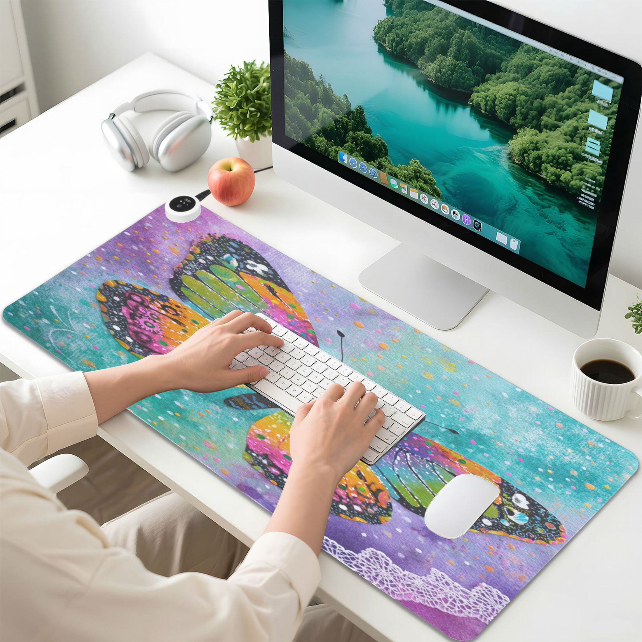 Wobogo Monarch Butterfly Heated Mouse Pad Extra-Large Desk Mat With 3 Heating Levels and 3-hour Auto Shut-Off Protection Ideal for Computer Keyboards Home Office Hand-warming Essential 31.5in × 13in