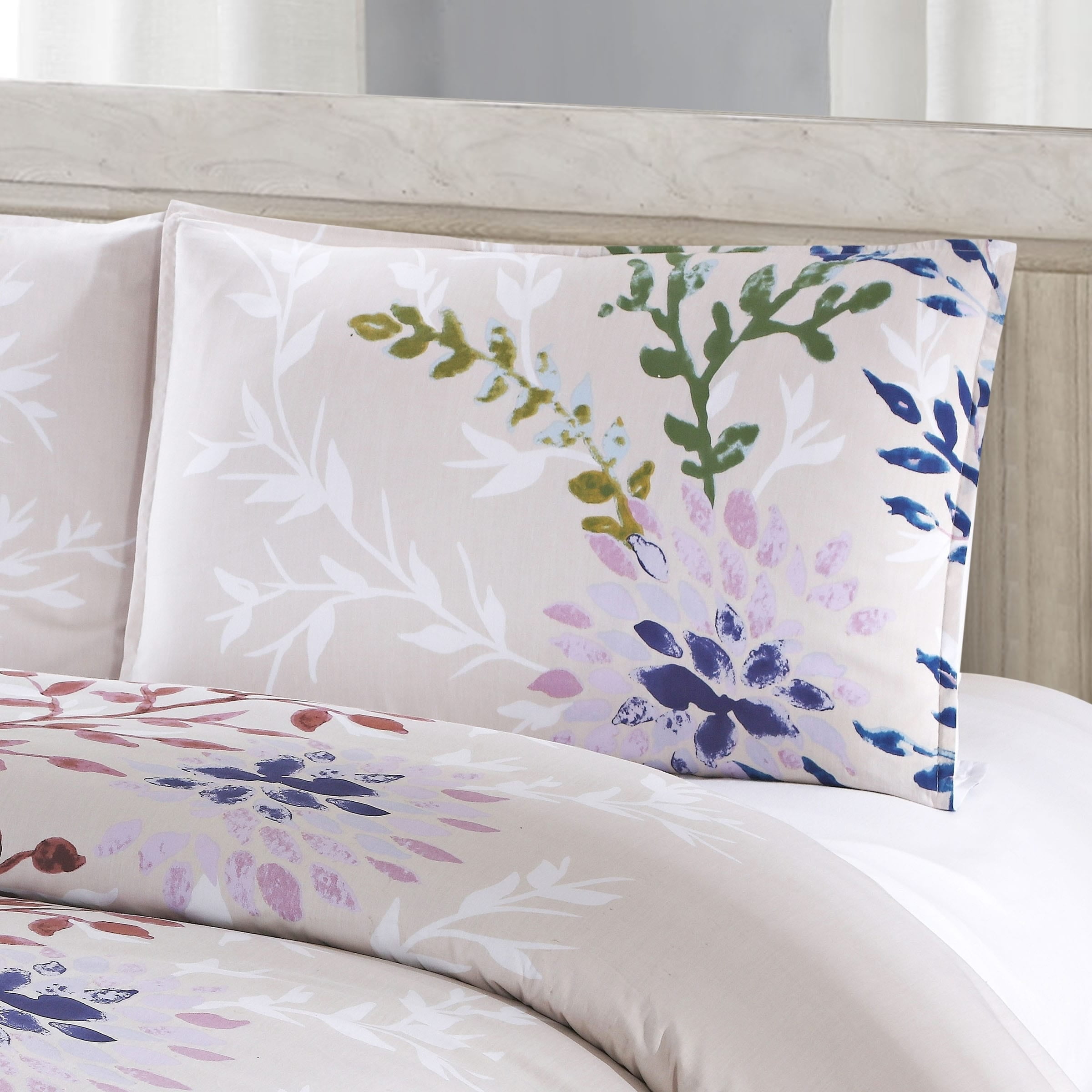 Dahlia Lane 3pc Duvet Cover Set - Multi-Color Floral Stems with White Leafy Silhouettes - 100% Cotton - Machine Washable - Includes 1 Duvet Cover + 2 Shams