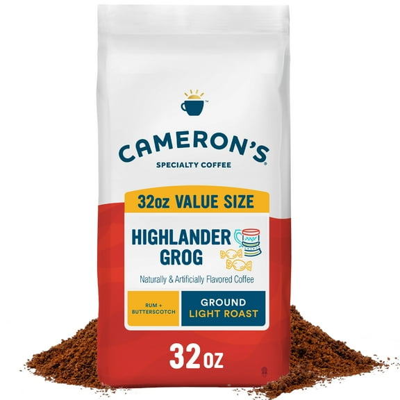 Cameron's Coffee Flavored Highlander Grog Ground Coffee, Light Roast, 32 oz, Naturally Caffeinated