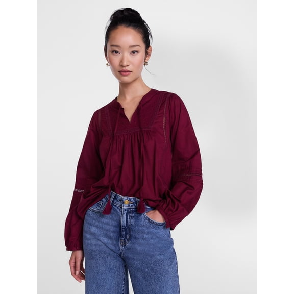 Scenario Women's and Women's Plus Embroidery Top with Lace Inserts, Sizes XS-4X