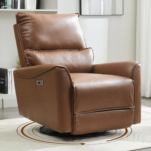 Chizzysit Power Swivel Rocker Recliner Chair for Adults, Leather Glider Rocking Recliner for Nursery, Modern Small Recliners for Small Spaces/Living Room/RV - Brown