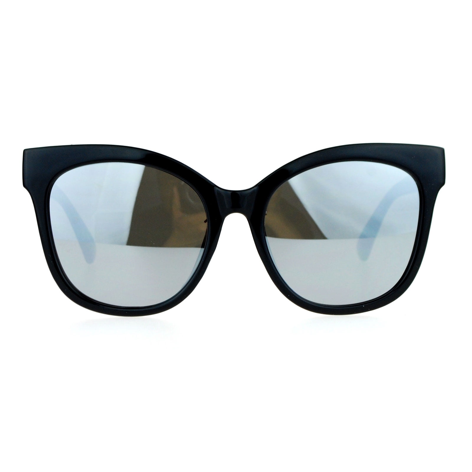 SA106 Womens Oversize Mirrored Mirror Lens Horn Rim Cat Eye Sunglasses Black Silver