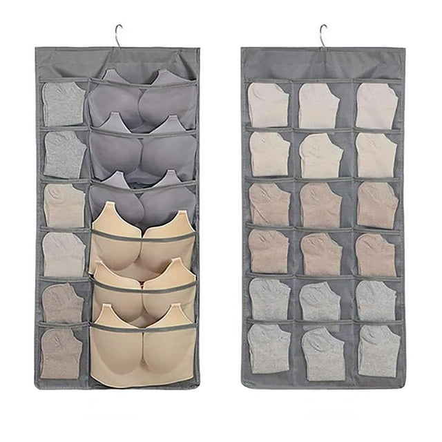12+18 Compartments Double Underwear & Bra Storage Bag Hanging Organizer For Wardrobe Portable & Foldable
