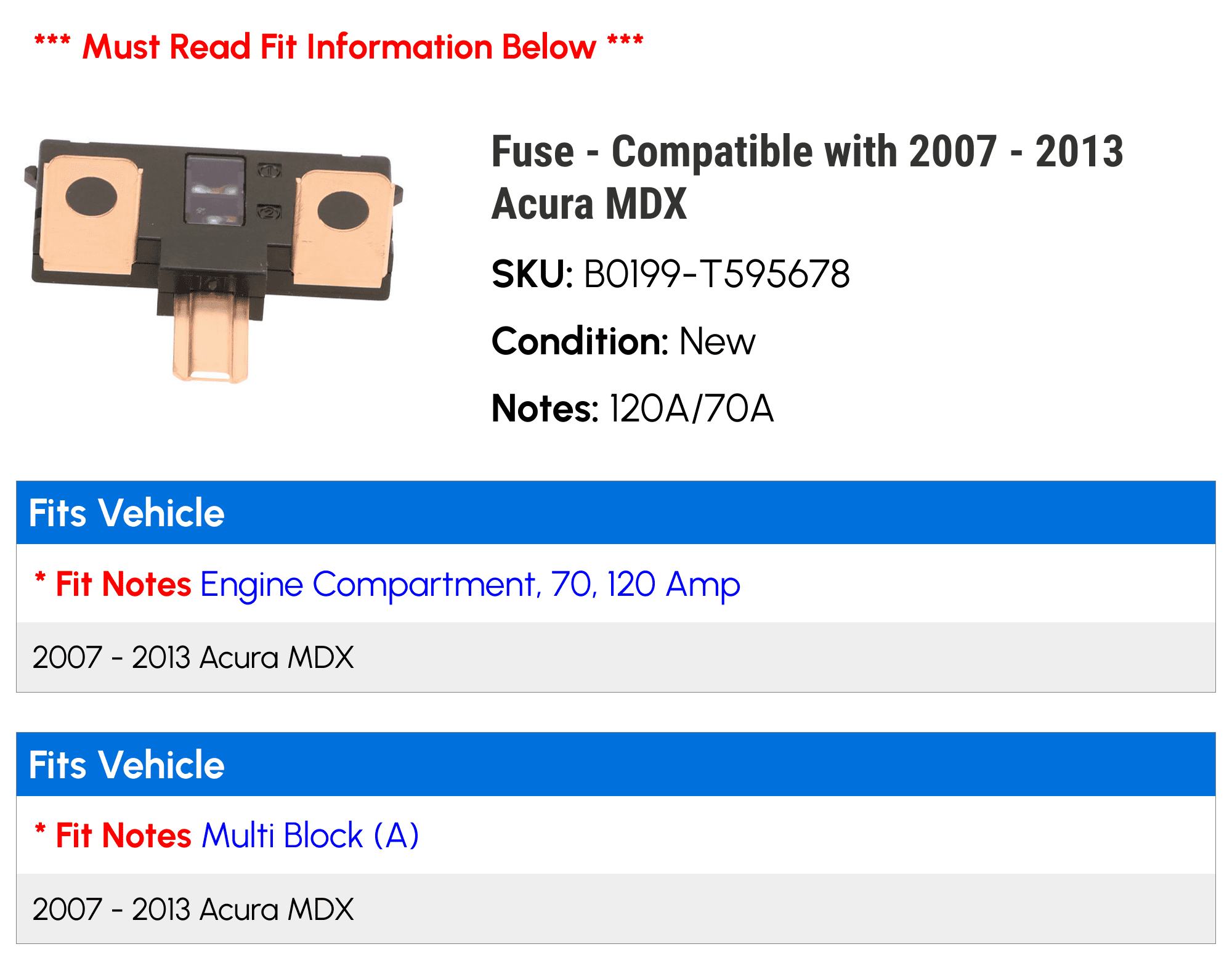 Fuse - Compatible with 2007 - 2013 Acura MDX 2008 2009 2010 2011 2012