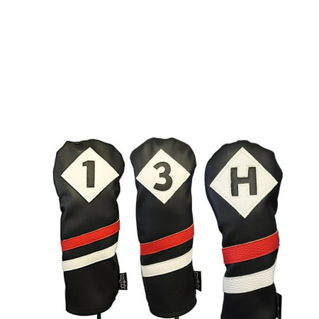 Majek Retro Golf Headcovers Black Red and White Vintage Leather Style 1 3 H Driver Fairway Wood and Hybrid Head Cover Classic