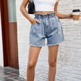 thumbnail image 6 of Xixinqiwan No Boundaries Women's High Waist Denim Shorts Elastic Waist Button Straight Leg Raw Hem Jean Shorts Summer Hot Pants with Pockets, 6 of 6