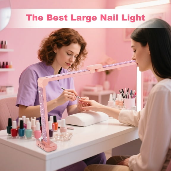 Large Half-Moon Light for Nail Desk with Phone Holder , 34IN Foldable LED Lamp for Nail Art, Tattooing, Reading, 3000-6000K Color Temperature Adjustment, 10 Brightness Levels, Pink with Diamond