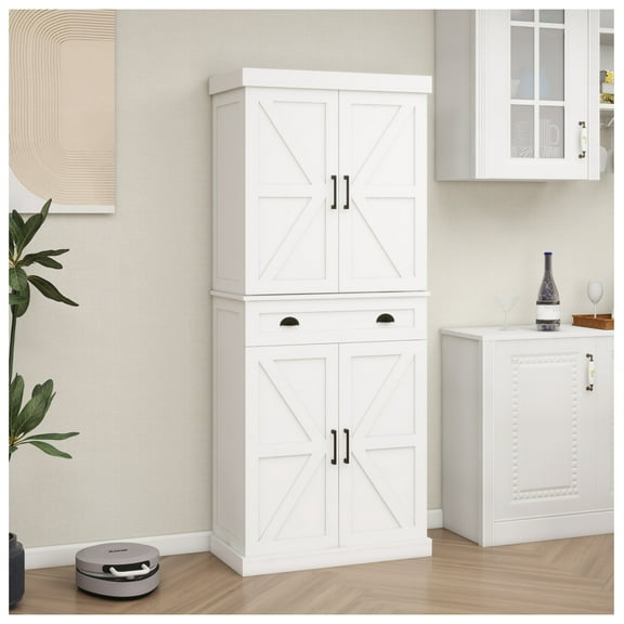 71" Kitchen Pantry Storage Cabinet with 4 Doors(2Doors with Racks),1 Drawer, 2 Adjustable Shelves, Freestanding Cupboard for Kitchen, Dining Room and Living Room-White White   MDF