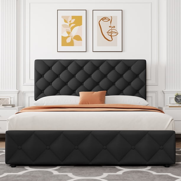 Cama Queen con 4 Cajones - Base con Cabecero Ajustable y Almacenamiento, No Necesita Base de Cama