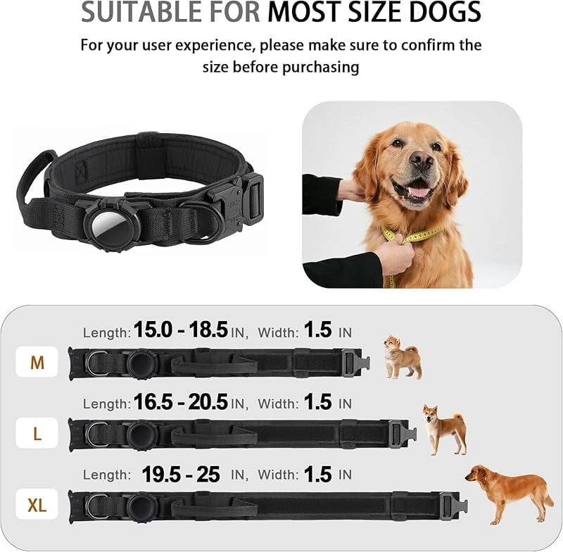 WAAYEE Tactical AirTag Dog Collar - Heavy Duty, Adjustable Collar Compatible with AirTag, with Control Handle for Medium/Large Dogs(Airtag Not Included)