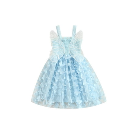 

One opening Toddler Baby Girl Summer Princess Dress Sleeveless Strap Layered Tulle Tutu Mesh Fluffy Dress with Butterfly Wings