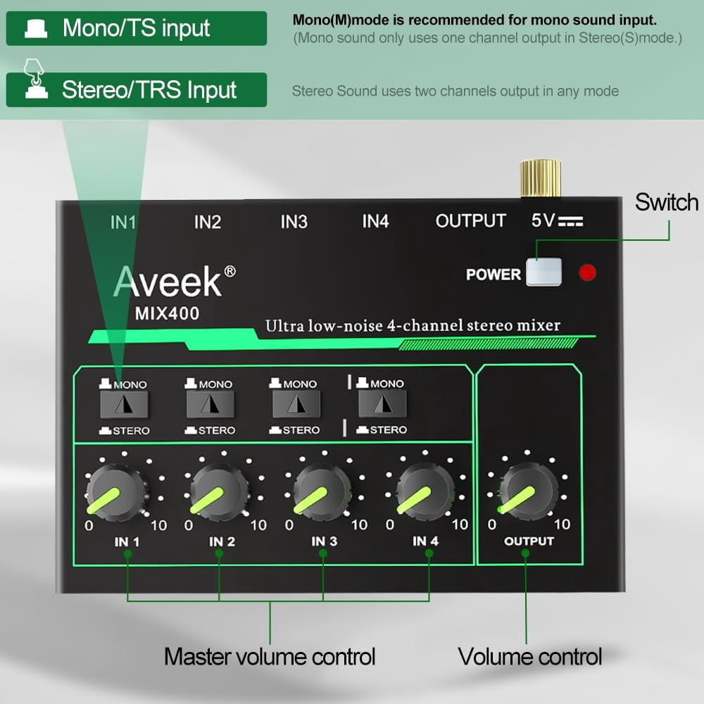 Aveek 4 Channel Mixer - Mini 4 Stereo Audio Mixer, Low-Noise for Precision Sub-Mixing,1/4" TRS Input/Output Ideal for Mics/Guitars/Bass/Stage