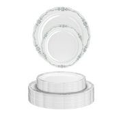 Crown Display Victorian Design Fancy Plastic Plates Set 40 Large Dinner Plates - 40 Salad/Dessert Plates - White/Silver